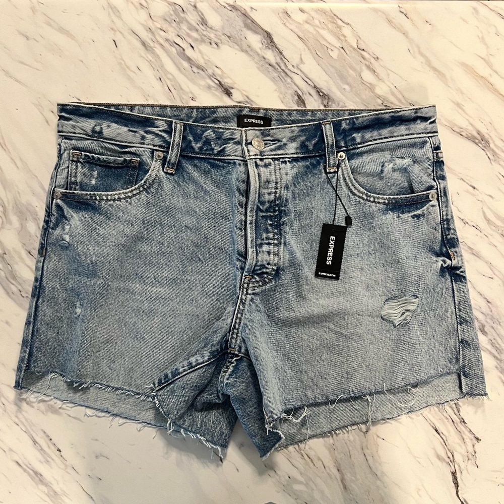 Express Distressed Mid Rise Light Wash Drop Hem Boyfriend Midi Jean Shorts 12